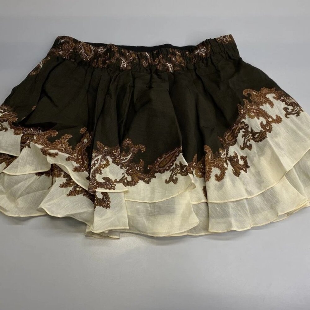 NEW HEMANT & NANDITA Women’s Omya Boho Flare Ruffle Mini Skirt – Brown– Size L - Picture 1 of 7